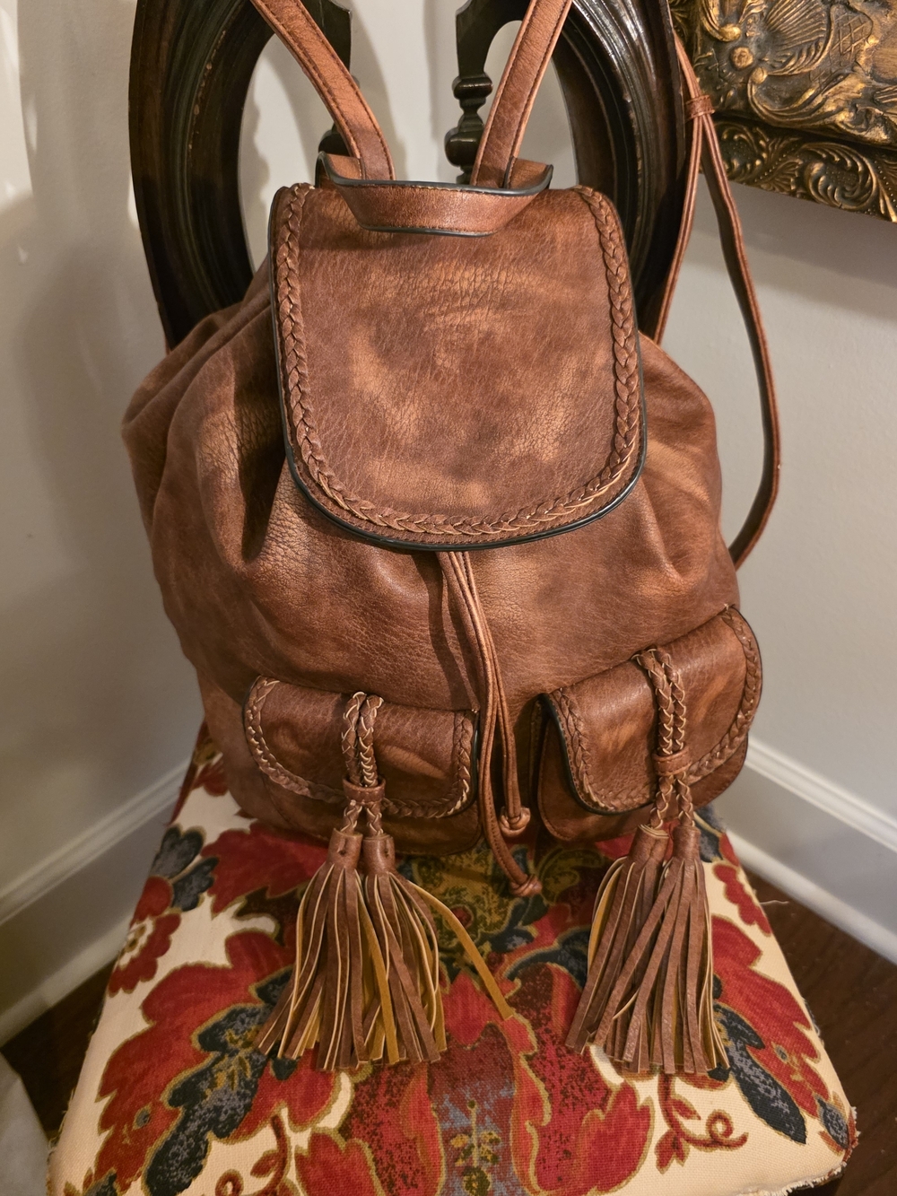 Antik Kraft Brown Leather Tassel Backpack